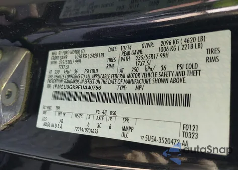 2015 Ford Escape Se from USA, damaged, VIN 1FMCU0GX9FUA40756